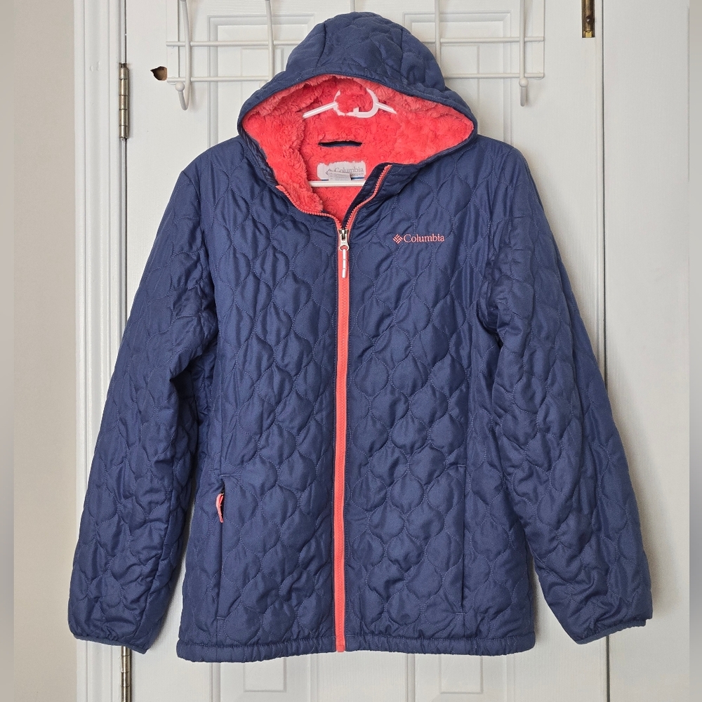 Columbia Girls' Blue Quilted Jacket with Pink Rose Swirl Sherpa Lining Size XL